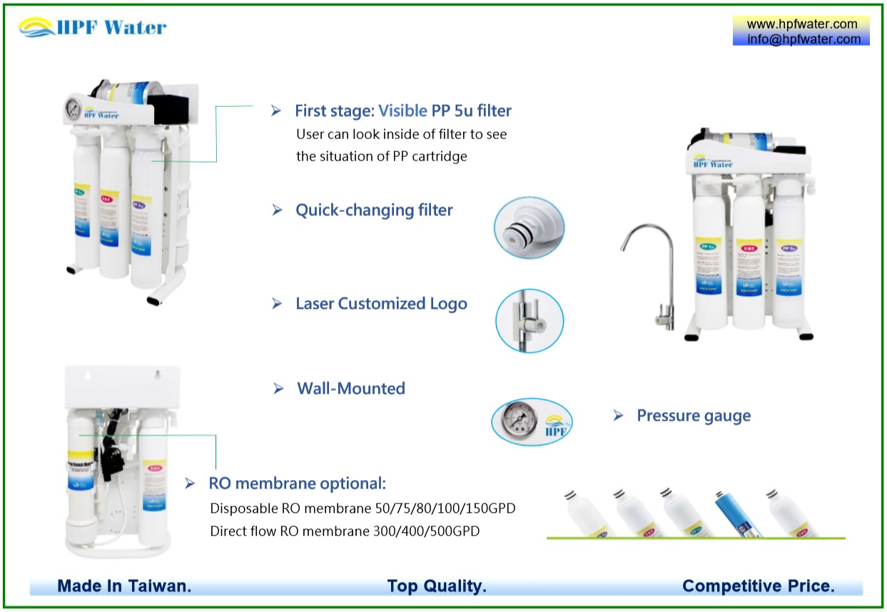 Traditional RO appliance with Quick-change Disposable Filter meets NSF requirements made in Taiwan.